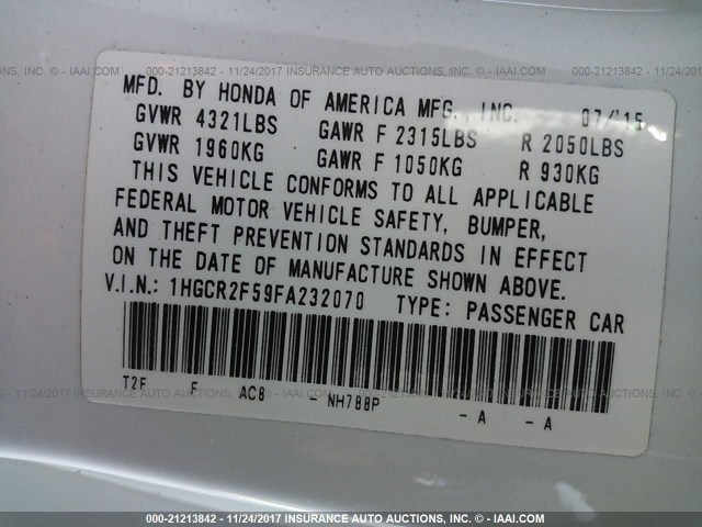 1HGCR2F59FA232070 - 2015 HONDA ACCORD SPORT Ақ фото 9