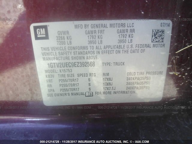 1GTV2UEC9EZ392568 - 2014 GMC SIERRA K1500 SLE MAROON photo 9