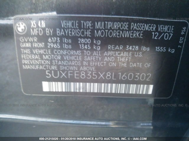 5UXFE835X8L160302 - 2008 BMW X5 4.8I BLACK photo 9