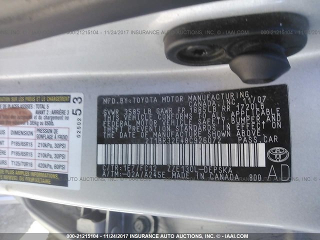 2T1BR32E48C926072 - 2008 TOYOTA COROLLA CE/LE/S SILVER photo 9