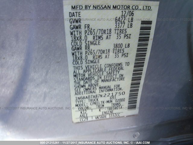 1N6BA07A87N221750 - 2007 NISSAN TITAN XE/SE/LE SILVER photo 9