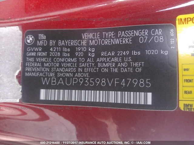 WBAUP93598VF47985 - 2008 BMW 128 I RED photo 9