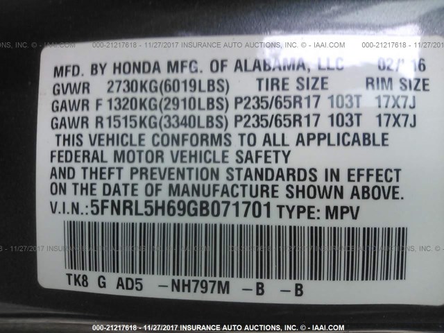 5FNRL5H69GB071701 - 2016 HONDA ODYSSEY EXL ნაცრისფერი ფოტო 9