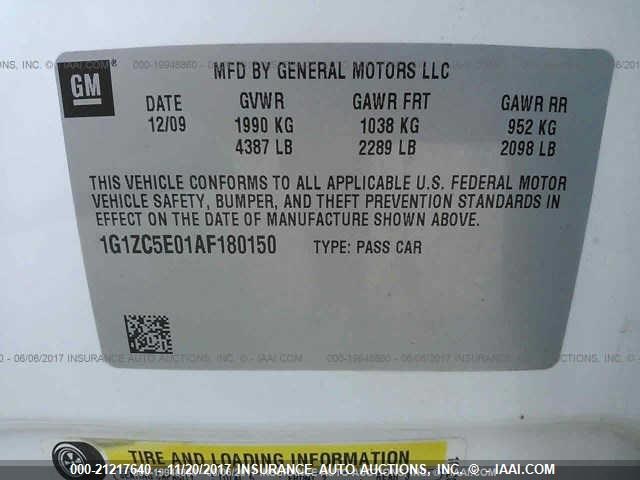 1G1ZC5E01AF180150 - 2010 CHEVROLET MALIBU 1LT 白色 照片 9