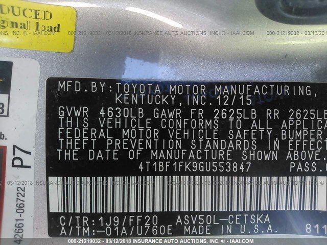 4T1BF1FK9GU553847 - 2016 TOYOTA CAMRY LE/XLE/SE/XSE SILVER photo 9