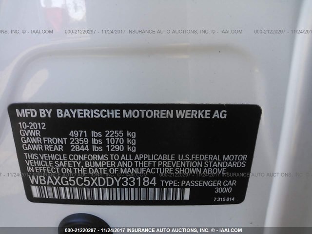WBAXG5C5XDDY33184 - 2013 BMW 528 I WHITE photo 9