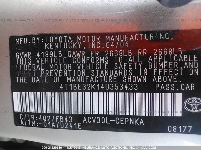 4T1BE32K14U353433 - 2004 TOYOTA CAMRY LE/XLE/SE 金色 照片 9