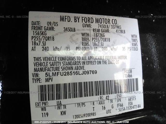 5LMFU28516LJ09769 - 2006 LINCOLN NAVIGATOR BLACK photo 9