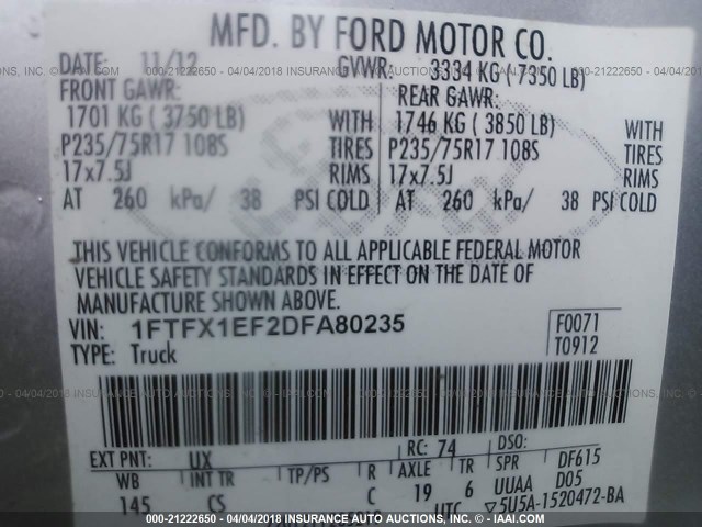 1FTFX1EF2DFA80235 - 2013 FORD F150 SUPER CAB SILVER photo 9