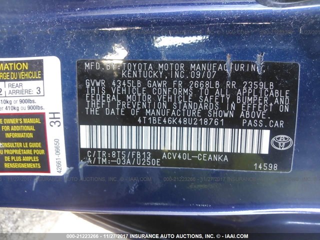 4T1BE46K48U218761 - 2008 TOYOTA CAMRY CE/LE/XLE/SE BLUE photo 9
