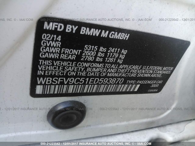 WBSFV9C51ED593870 - 2014 BMW M5 WHITE photo 9