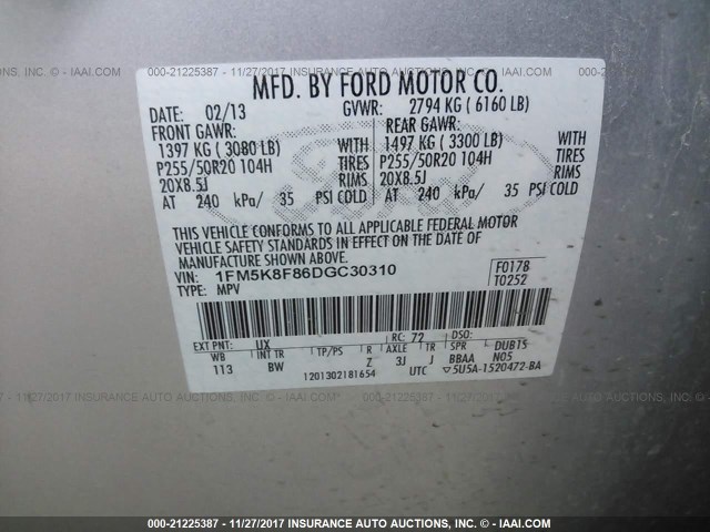 1FM5K8F86DGC30310 - 2013 FORD EXPLORER LIMITED 灰色 照片 9