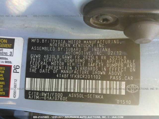 4T4BF1FK8CR201102 - 2012 TOYOTA CAMRY SE/LE/XLE 蓝色 照片 9