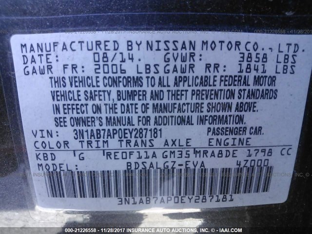 3N1AB7AP0EY287181 - 2014 NISSAN SENTRA S/SV/SR/SL GRAY photo 9