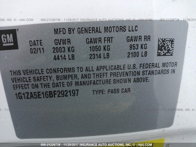 1G1ZA5E16BF292197 - 2011 CHEVROLET MALIBU LS 白色 照片 9