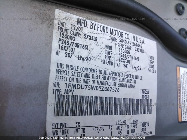 1FMDU75W02ZB67576 - 2002 FORD EXPLORER LIMITED თაფლისფერი ფოტო 9