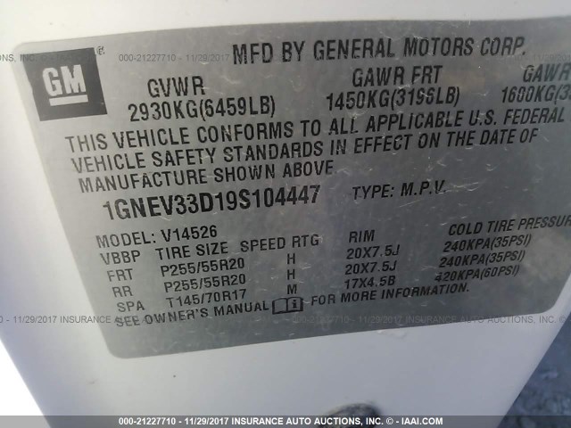 1GNEV33D19S104447 - 2009 CHEVROLET TRAVERSE LTZ WHITE photo 9