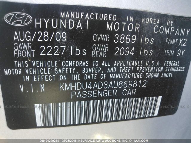 KMHDU4AD3AU869812 - 2010 HYUNDAI ELANTRA BLUE/GLS/SE SILVER photo 9