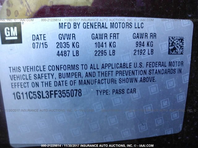 1G11C5SL3FF355078 - 2015 CHEVROLET MALIBU 1LT 勃艮第红 照片 9