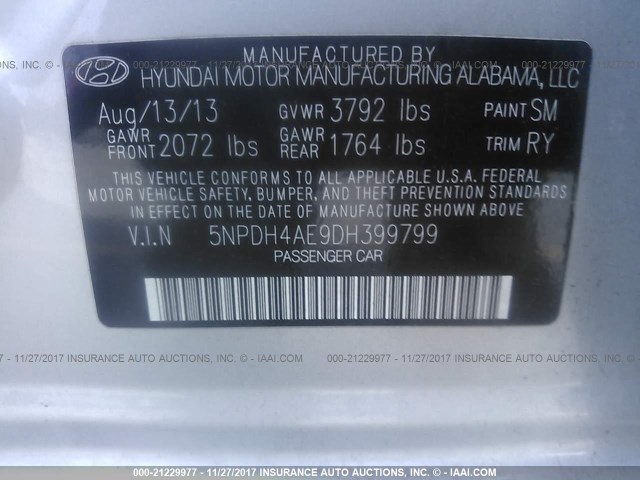 5NPDH4AE9DH399799 - 2013 HYUNDAI ELANTRA GLS/LIMITED SILVER photo 9