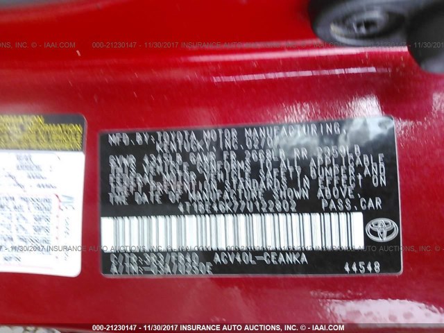 4T1BE46K77U122802 - 2007 TOYOTA CAMRY NEW GENERAT CE/LE/XLE/SE RED photo 9