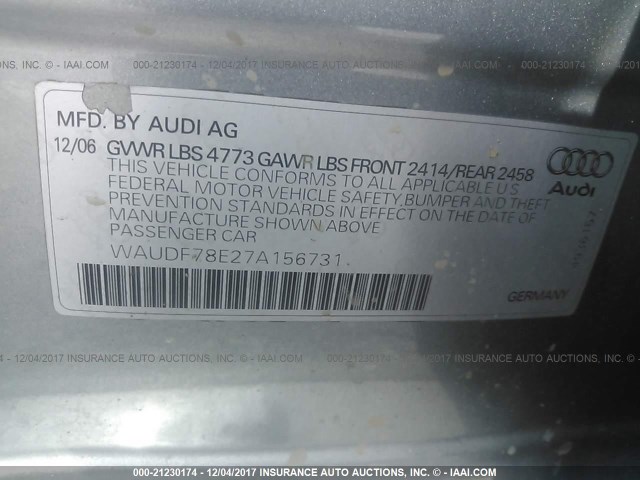 WAUDF78E27A156731 - 2007 AUDI A4 2.0T QUATTRO GRAY photo 9