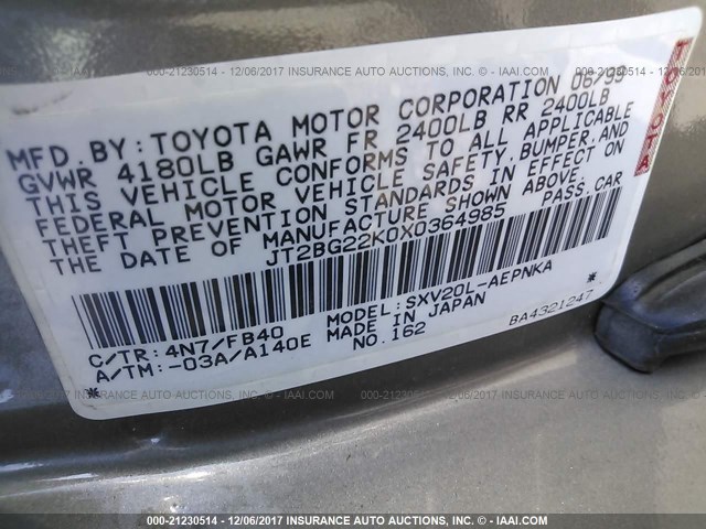 JT2BG22K0X0364985 - 1999 TOYOTA CAMRY LE/XLE BEIGE photo 9