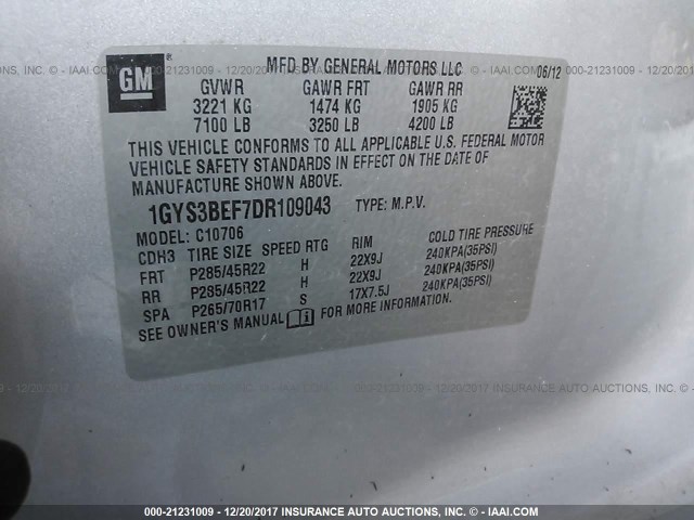 1GYS3BEF7DR109043 - 2013 CADILLAC ESCALADE LUXURY ვერცხლისფერი ფოტო 9