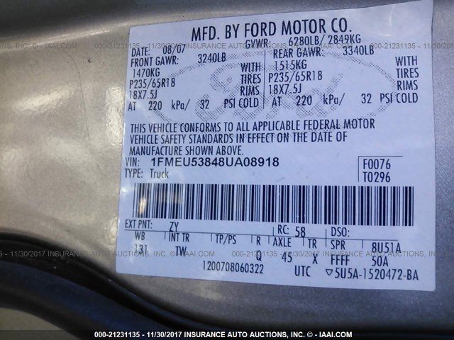 1FMEU53848UA08918 - 2008 FORD EXPLORER SPORT TR LIMITED TAN photo 9