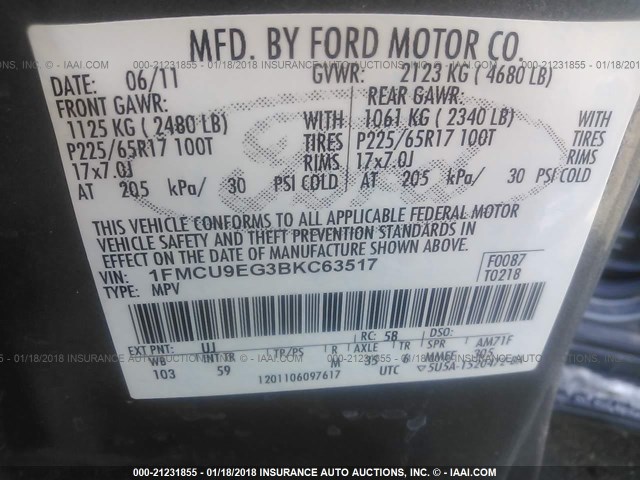 1FMCU9EG3BKC63517 - 2011 FORD ESCAPE LIMITED GRAY photo 9