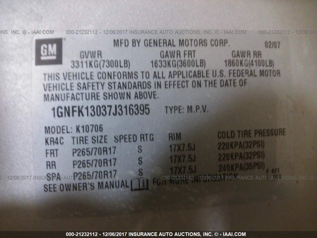 1GNFK13037J316395 - 2007 CHEVROLET TAHOE K1500 SILVER photo 9