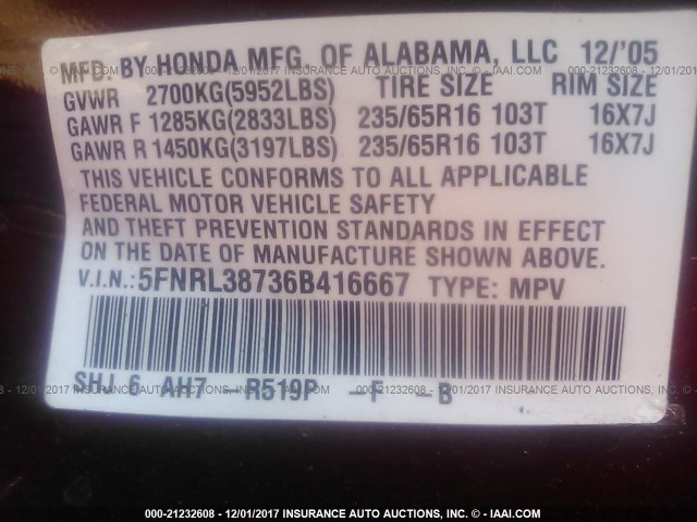 5FNRL38736B416667 - 2006 HONDA ODYSSEY EXL წითელი ფოტო 9