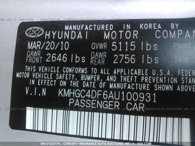 KMHGC4DF6AU100931 - 2010 HYUNDAI GENESIS 4.6L SILVER photo 9