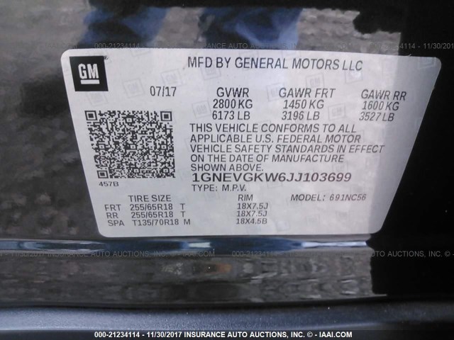 1GNEVGKW6JJ103699 - 2018 CHEVROLET TRAVERSE LT BLACK photo 9