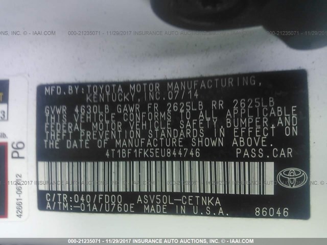 4T1BF1FK5EU844746 - 2014 TOYOTA CAMRY L/SE/LE/XLE 白色 照片 9