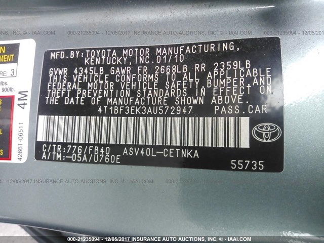 4T1BF3EK3AU572947 - 2010 TOYOTA CAMRY SE/LE/XLE 灰色 照片 9