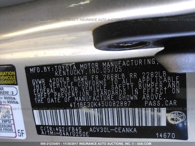 4T1BE30K45U082887 - 2005 TOYOTA CAMRY LE/XLE/SE 棕色 照片 9