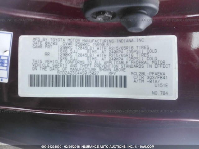 5TDZA23C44S015027 - 2004 TOYOTA SIENNA CE/LE RED photo 9