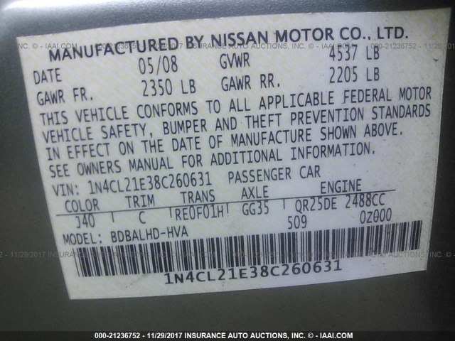 1N4CL21E38C260631 - 2008 NISSAN ALTIMA HYBRID GREEN photo 9