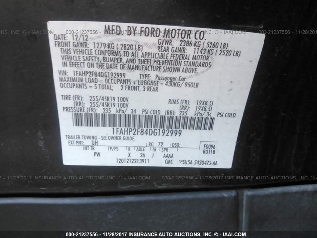 1FAHP2F84DG192999 - 2013 FORD TAURUS LIMITED BLACK photo 9