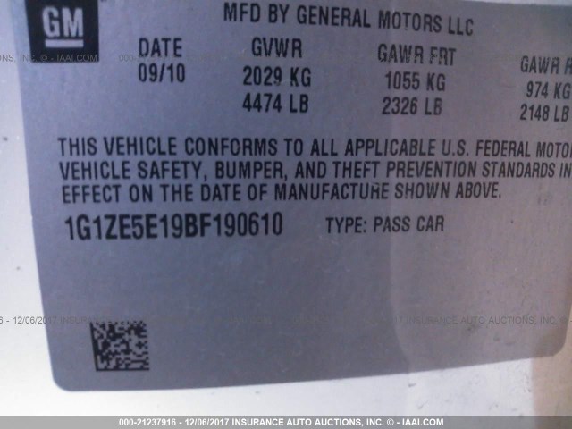 1G1ZE5E19BF190610 - 2011 CHEVROLET MALIBU LTZ WHITE photo 9