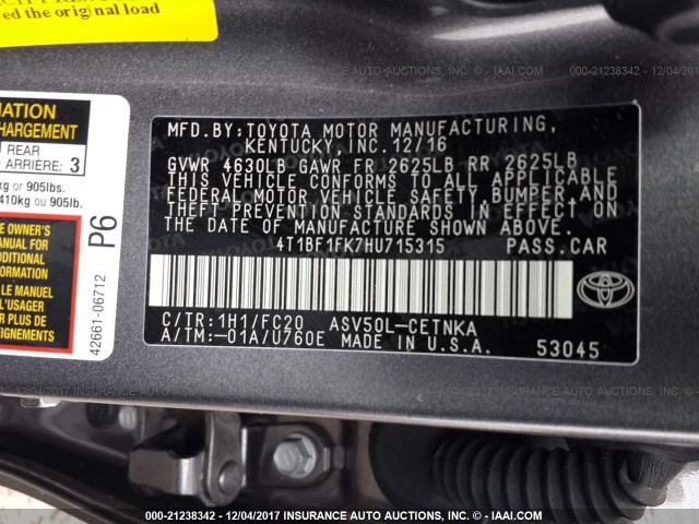 4T1BF1FK7HU715315 - 2017 TOYOTA CAMRY LE/XLE/SE/XSE GRAY photo 9