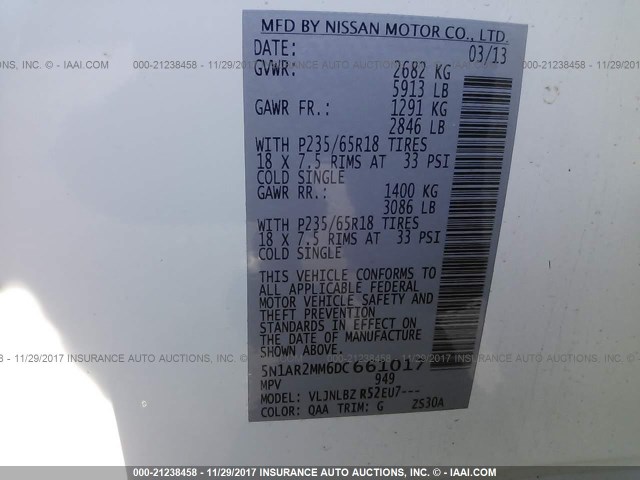 5N1AR2MM6DC661017 - 2013 NISSAN PATHFINDER S/SV/SL/PLATINUM 白色 照片 9