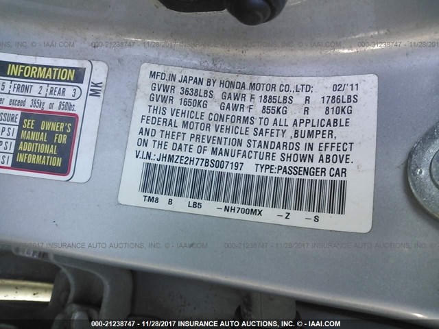 JHMZE2H77BS007197 - 2011 HONDA INSIGHT EX SILVER photo 9