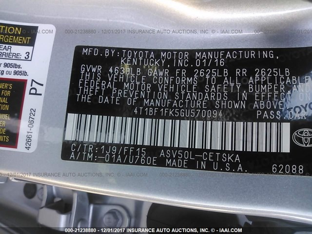 4T1BF1FK5GU570094 - 2016 TOYOTA CAMRY LE/XLE/SE/XSE ვერცხლისფერი ფოტო 9