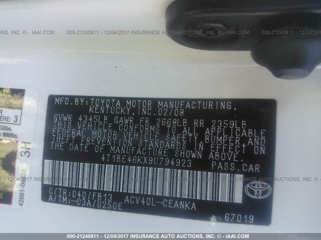 4T1BE46KX9U794923 - 2009 TOYOTA CAMRY SE/LE/XLE WHITE photo 9