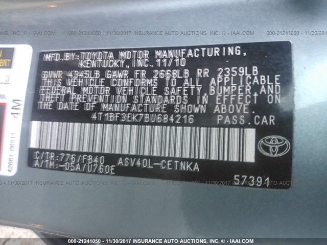 4T1BF3EK7BU684216 - 2011 TOYOTA CAMRY SE/LE/XLE BLUE photo 9