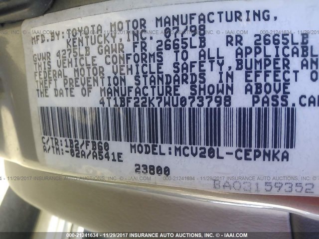 4T1BF22K7WU073798 - 1998 TOYOTA CAMRY CE/LE/XLE 棕色 照片 9