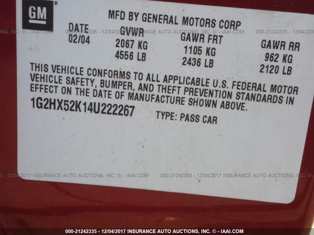 1G2HX52K14U222267 - 2004 PONTIAC BONNEVILLE SE RED photo 9