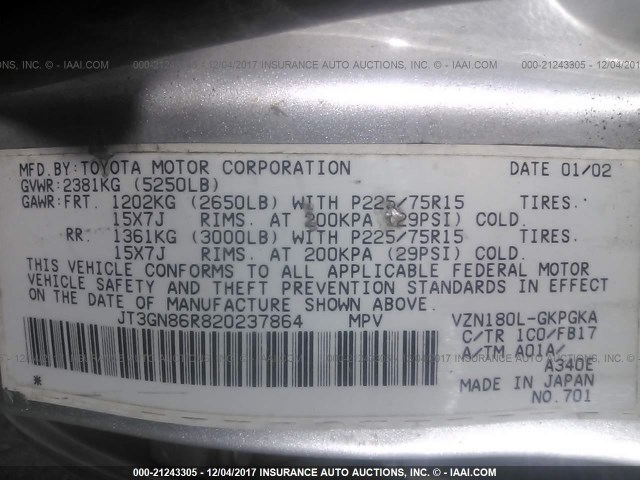 JT3GN86R820237864 - 2002 TOYOTA 4RUNNER SR5 GRAY photo 9